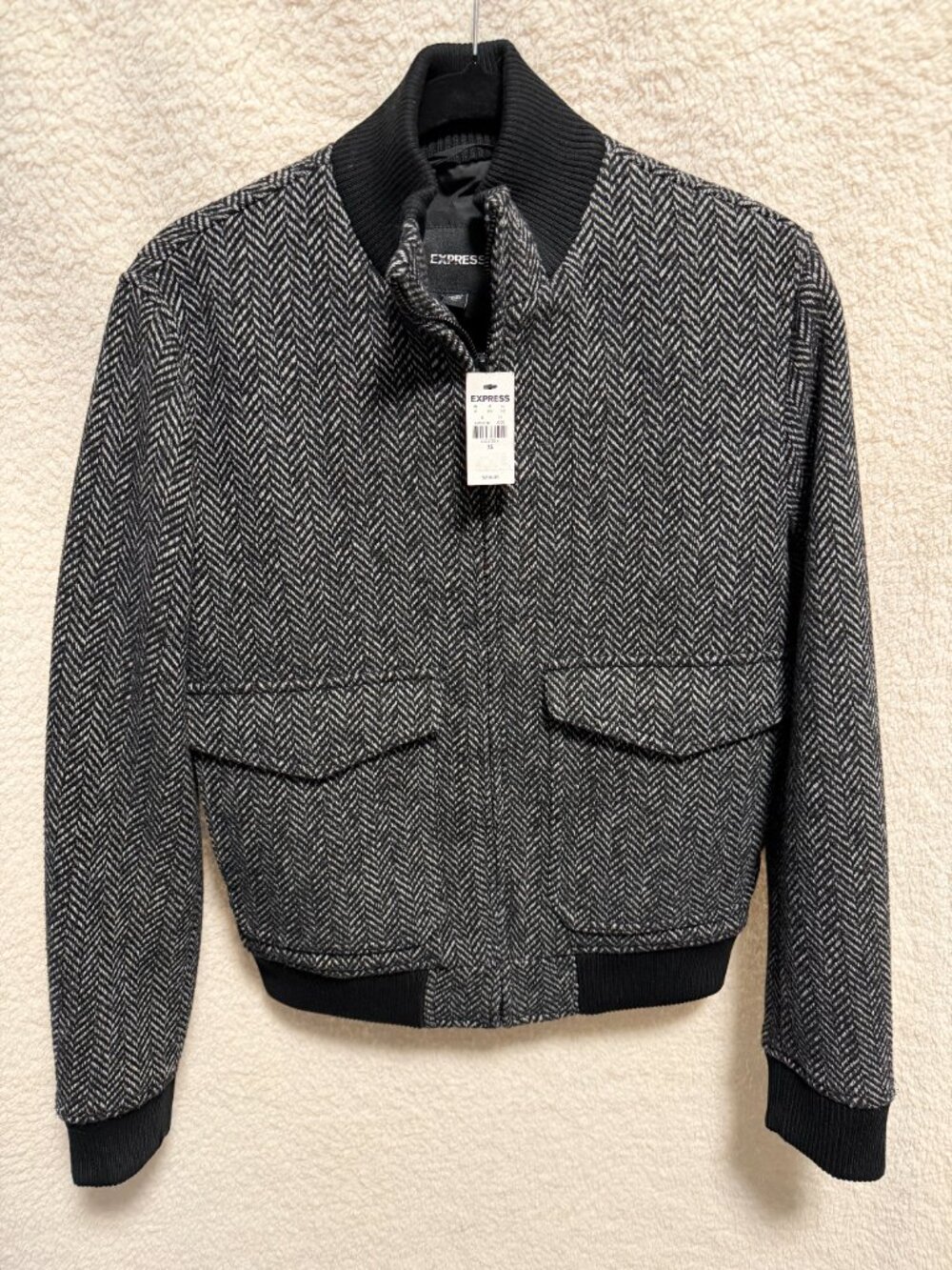 EXPRESS Men's Wool Chevron Bomber Jacket Fall Black White Size XS $228 msrp NEW